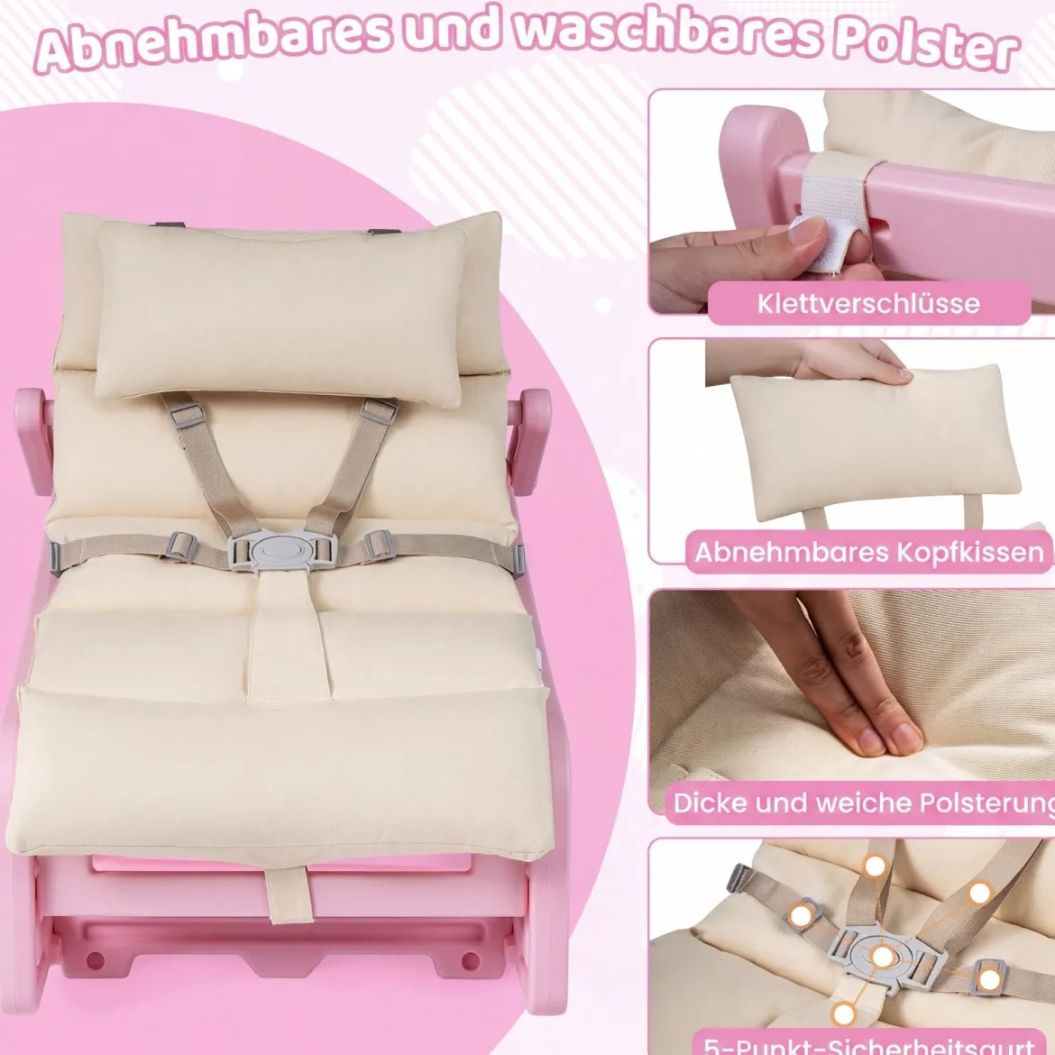 Schaukelstuhl Kinder 2 in 1 Liegestuhl mit Verstellbarer Rückenlehne Baby Schaukelsessel Grau/Beige/Rosa
