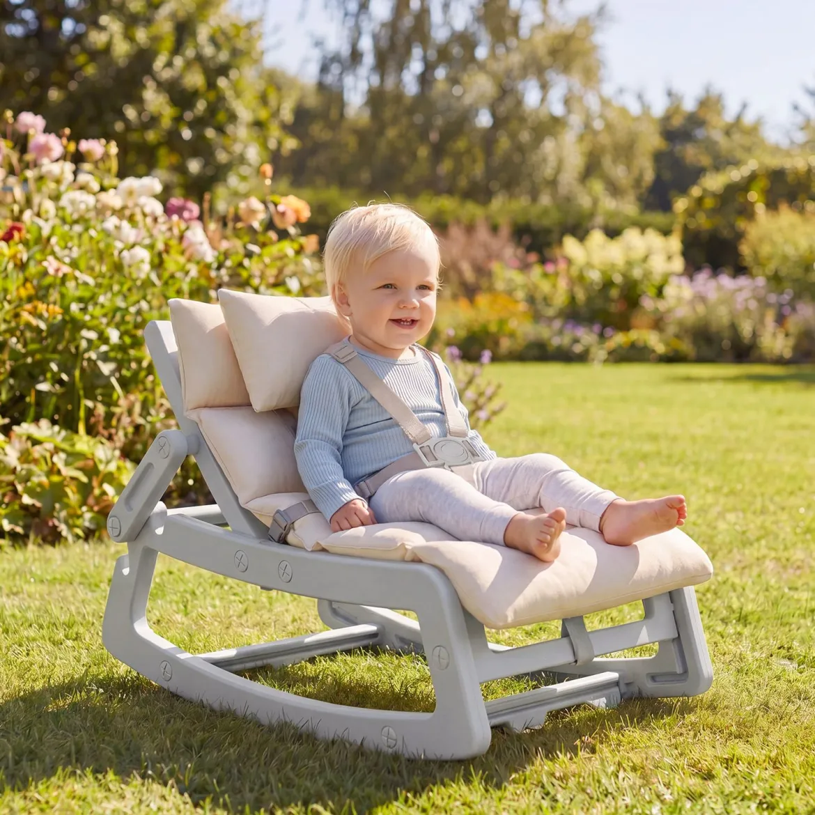 Schaukelstuhl Kinder 2 in 1 Liegestuhl mit Verstellbarer Rückenlehne Baby Schaukelsessel Grau/Beige/Rosa