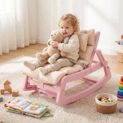Schaukelstuhl Kinder 2 in 1 Liegestuhl mit Verstellbarer Rückenlehne Baby Schaukelsessel Grau/Beige/Rosa