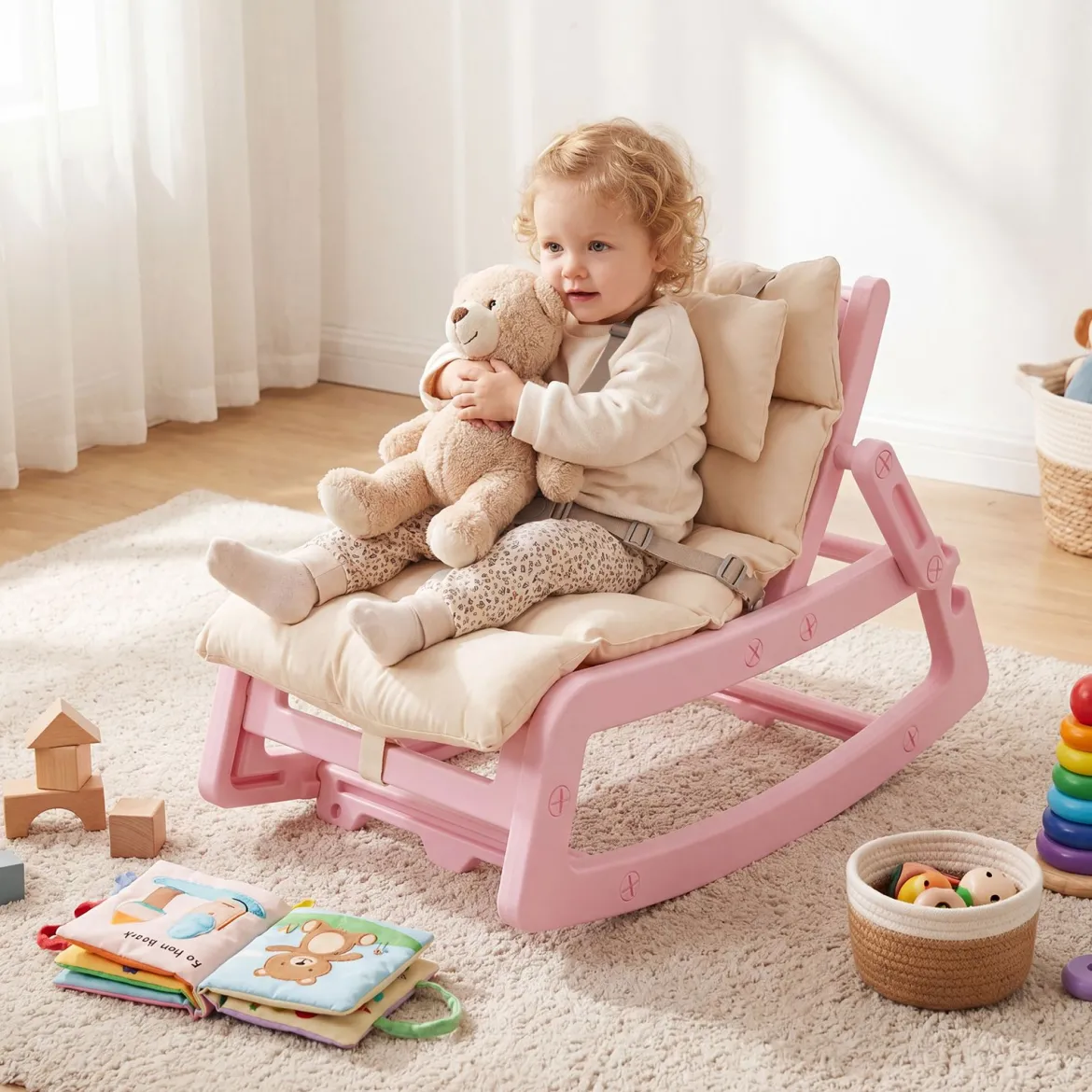 Schaukelstuhl Kinder 2 in 1 Liegestuhl mit Verstellbarer Rückenlehne Baby Schaukelsessel Grau/Beige/Rosa