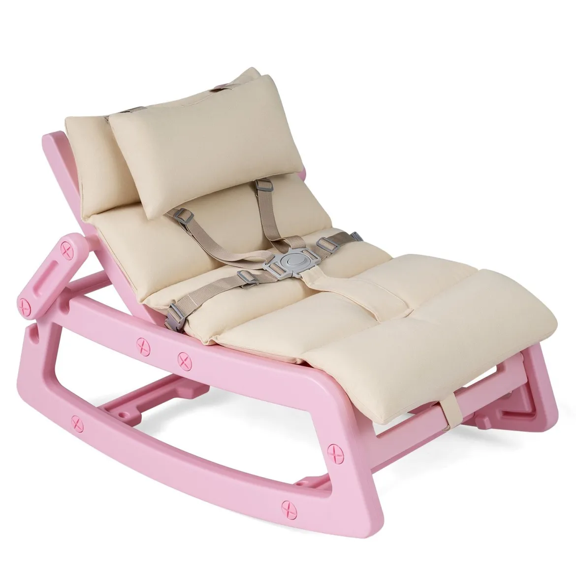 Schaukelstuhl Kinder 2 in 1 Liegestuhl mit Verstellbarer Rückenlehne Baby Schaukelsessel Grau/Beige/Rosa