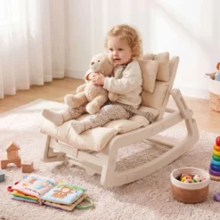 Schaukelstuhl Kinder 2 in 1 Liegestuhl mit Verstellbarer Rückenlehne Baby Schaukelsessel Grau/Beige/Rosa