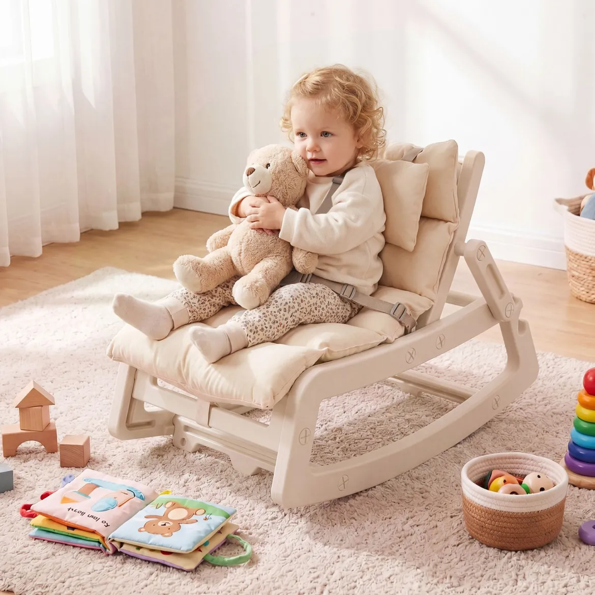 Schaukelstuhl Kinder 2 in 1 Liegestuhl mit Verstellbarer Rückenlehne Baby Schaukelsessel Grau/Beige/Rosa