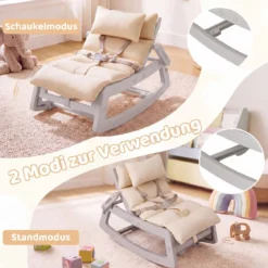 Schaukelstuhl Kinder 2 in 1 Liegestuhl mit Verstellbarer Rückenlehne Baby Schaukelsessel Grau/Beige/Rosa