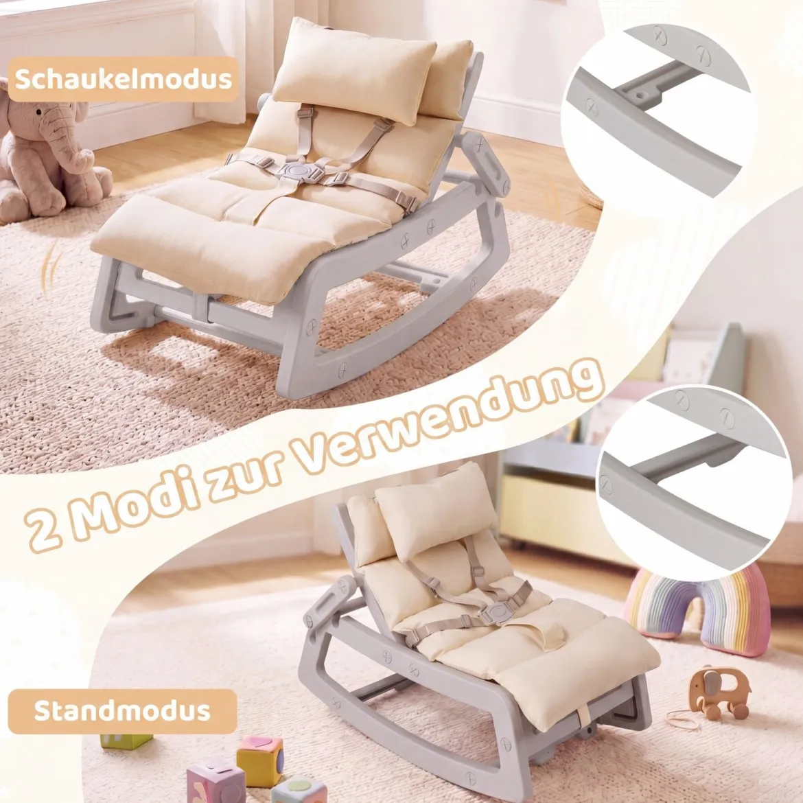 Schaukelstuhl Kinder 2 in 1 Liegestuhl mit Verstellbarer Rückenlehne Baby Schaukelsessel Grau/Beige/Rosa