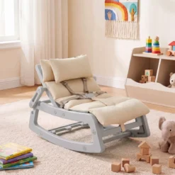 Schaukelstuhl Kinder 2 in 1 Liegestuhl mit Verstellbarer Rückenlehne Baby Schaukelsessel Grau/Beige/Rosa
