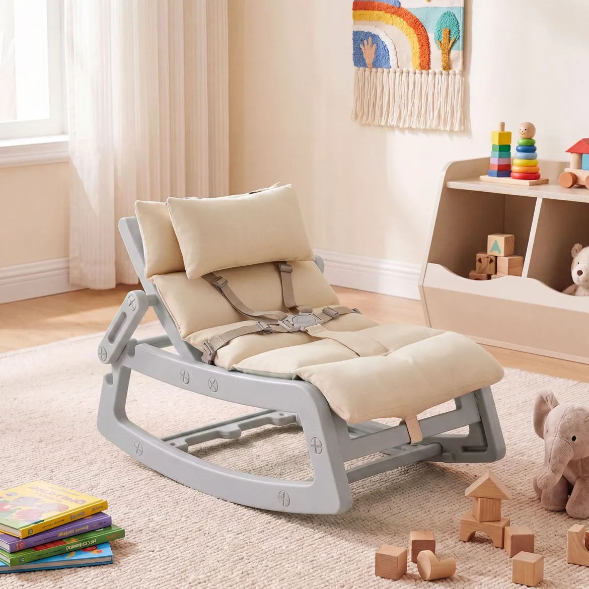 Schaukelstuhl Kinder 2 in 1 Liegestuhl mit Verstellbarer Rückenlehne Baby Schaukelsessel Grau/Beige/Rosa