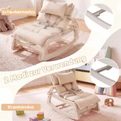 Schaukelstuhl Kinder 2 in 1 Liegestuhl mit Verstellbarer Rückenlehne Baby Schaukelsessel Grau/Beige/Rosa