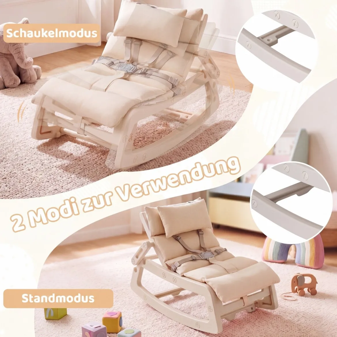 Schaukelstuhl Kinder 2 in 1 Liegestuhl mit Verstellbarer Rückenlehne Baby Schaukelsessel Grau/Beige/Rosa