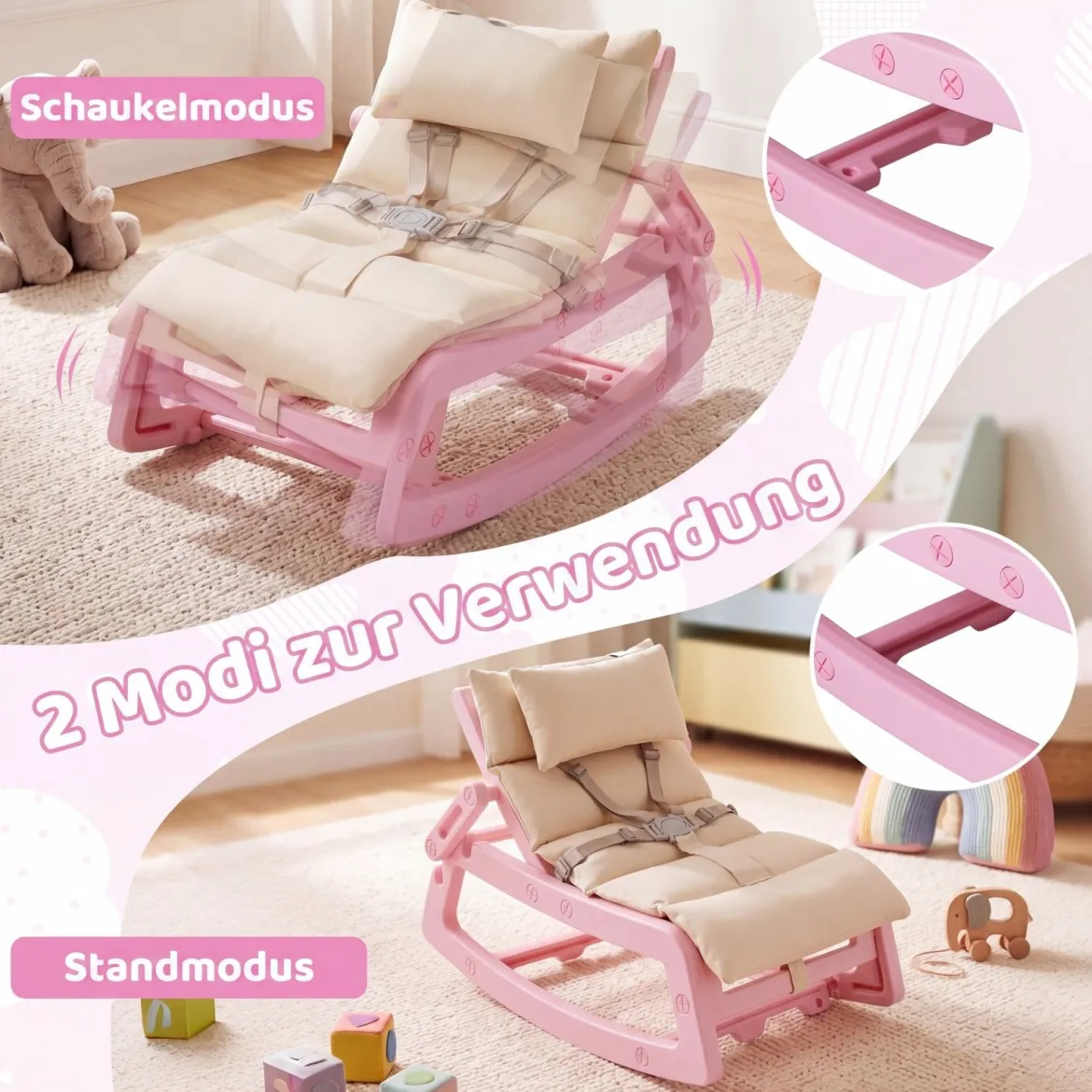 Schaukelstuhl Kinder 2 in 1 Liegestuhl mit Verstellbarer Rückenlehne Baby Schaukelsessel Grau/Beige/Rosa