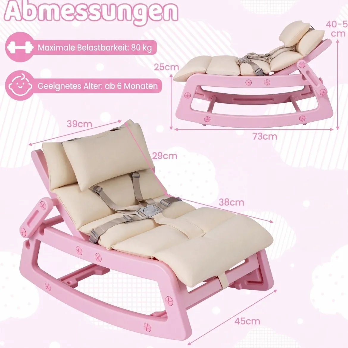 Schaukelstuhl Kinder 2 in 1 Liegestuhl mit Verstellbarer Rückenlehne Baby Schaukelsessel Grau/Beige/Rosa