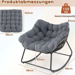 Schaukelstuhl mit Dickem & Abnehmbarem Kissen Übergroßer Schaukelsessel Relaxsessel Grau