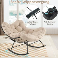 Schaukelstuhl mit Gepolstertem Kissen & 205 kg Tragkraft Schaukelsessel Terrassensessel Beige
