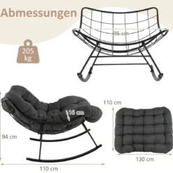 Schaukelstuhl mit Gepolstertem Kissen & 205 kg Tragkraft Schaukelsessel Terrassensessel