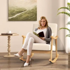 Schaukelstuhl mit Hoher Rückenlehne & Gepolstertem Sitzkissen Moderner Akzent-Sessel Beige
