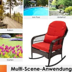 Schaukelstuhl Rattan mit roten Kissen Relaxliege Rattanschaukelstuhl 67 x 87 x 95 cm Braun
