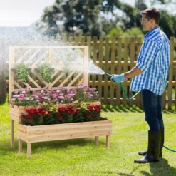2-Schicht Gartenbett mit Spalier Holzerhöhter Pflanzenkasten mit Beinen 109 x 62 x 135 cm Natur