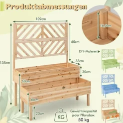 2-Schicht Gartenbett mit Spalier Holzerhöhter Pflanzenkasten mit Beinen 109 x 62 x 135 cm Natur