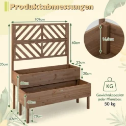 2-Schicht Gartenbett mit Spalier Holzerhöhter Pflanzenkasten mit Beinen Drainageloch Pflanzbehälter Braun