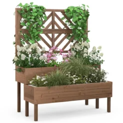 2-Schicht Gartenbett mit Spalier Holzerhöhter Pflanzenkasten mit Beinen Drainageloch Pflanzbehälter Braun
