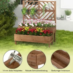 2-Schicht Gartenbett mit Spalier Holzerhöhter Pflanzenkasten mit Beinen Drainageloch Pflanzbehälter Braun