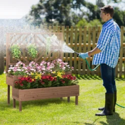2-Schicht Gartenbett mit Spalier Holzerhöhter Pflanzenkasten mit Beinen Drainageloch Pflanzbehälter Braun
