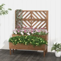 2-Schicht Gartenbett mit Spalier Holzerhöhter Pflanzenkasten mit Beinen Drainageloch Pflanzbehälter Braun