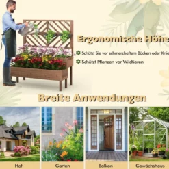 2-Schicht Gartenbett mit Spalier Holzerhöhter Pflanzenkasten mit Beinen Drainageloch Pflanzbehälter Braun