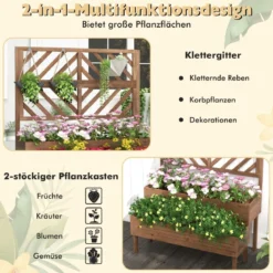 2-Schicht Gartenbett mit Spalier Holzerhöhter Pflanzenkasten mit Beinen Drainageloch Pflanzbehälter Braun