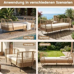 Schlafsofa Outdoor Rattan Sofabett mit Armlehnen Stabilem Metallrahmen bis 360 kg Belastbar