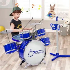 Schlagzeug Kinder Jazz-Schlagzeug- & Keyboard-Set mit Hocker Mikrofonständer Becken Blau