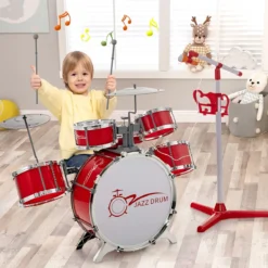 Schlagzeug Kinder Jazz-Schlagzeug- & Keyboard-Set mit Hocker Mikrofonständer Becken Rot