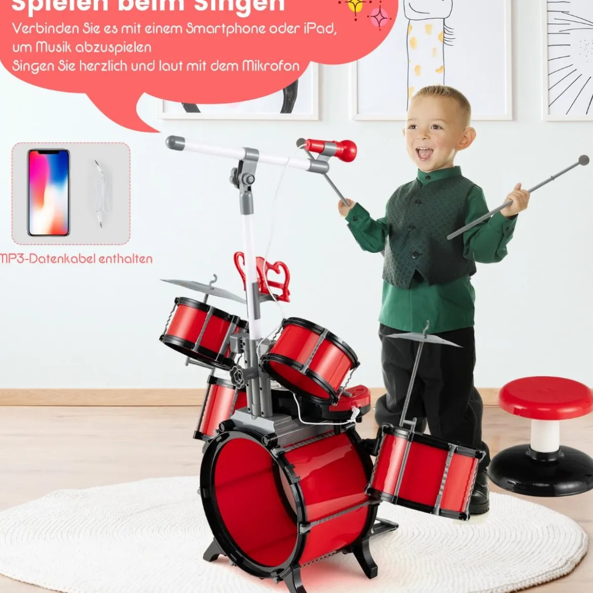 Schlagzeug Kinder Schlagzeugset mit Keyboard Hocker Mikrofon Notenstände Rot