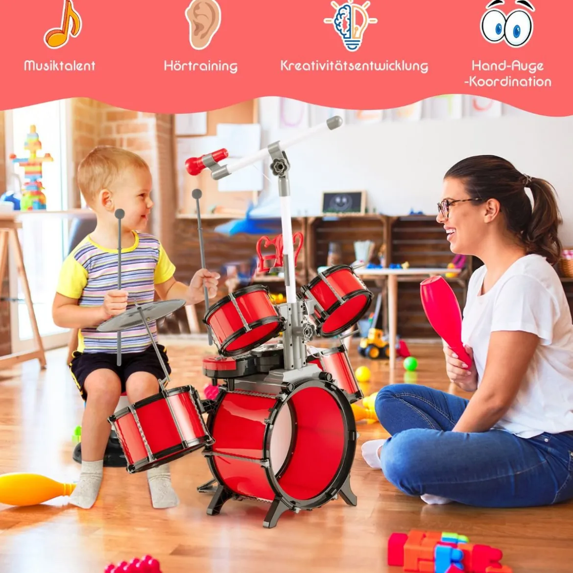 Schlagzeug Kinder Schlagzeugset mit Keyboard Hocker Mikrofon Notenstände Rot