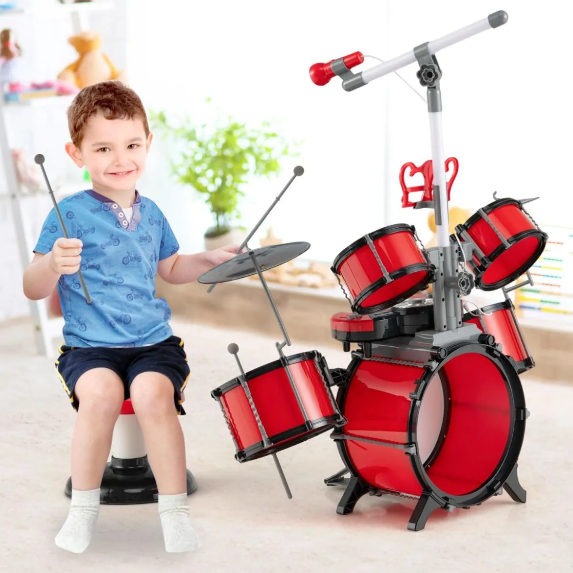 Schlagzeug Kinder Schlagzeugset mit Keyboard Hocker Mikrofon Notenstände Rot