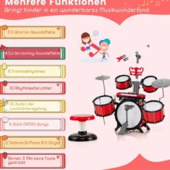 Schlagzeug Kinder Schlagzeugset mit Keyboard Hocker Mikrofon Notenstände Rot