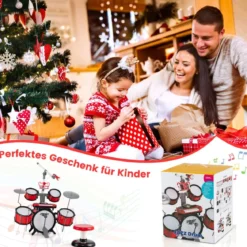 Schlagzeug Kinder Schlagzeugset mit Keyboard Hocker Mikrofon Notenstände Rot