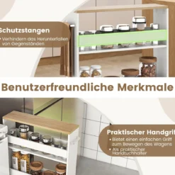 Schlanker Aufbewahrungswagen mit 4 Ebenen schmaler mobiler Servierwagen mit offenen Regalen Weiß + Natur