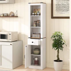 Schmaler Badezimmerschrank mit Schublade & Verstellbarem Regal Badschrank Hochschrank Weiß