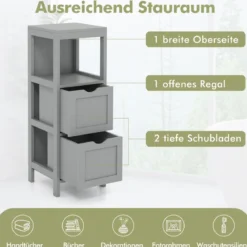 Schmaler Badezimmerschrank mit 2 Schubladen & Offenen Regal Badschrank Lagerschrank