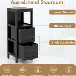 Schmaler Badezimmerschrank mit 2 Schubladen & Offenen Regal Badschrank Lagerschrank