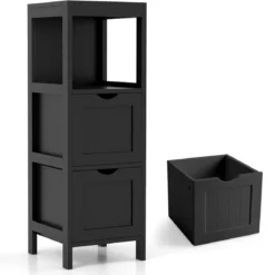 Schmaler Badezimmerschrank mit 2 Schubladen & Offenen Regal Badschrank Lagerschrank
