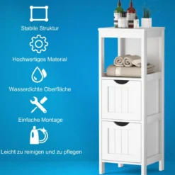 Schmaler Badezimmerschrank mit 2 Schubladen & Offenen Regal Badschrank Lagerschrank