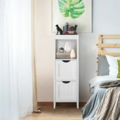 Schmaler Badezimmerschrank mit 2 Schubladen & Offenen Regal Badschrank Lagerschrank