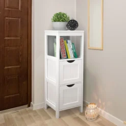 Schmaler Badezimmerschrank mit 2 Schubladen & Offenen Regal Badschrank Lagerschrank