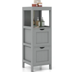 Schmaler Badezimmerschrank mit 2 Schubladen & Offenen Regal Badschrank Lagerschrank
