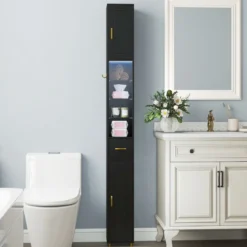 Schmaler Badezimmerschrank mit Beleuchtung & Schublade & 3 Glasablagen Badschrank Schwarz