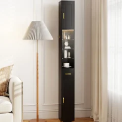 Schmaler Badezimmerschrank mit Beleuchtung & Schublade & 3 Glasablagen Badschrank Schwarz