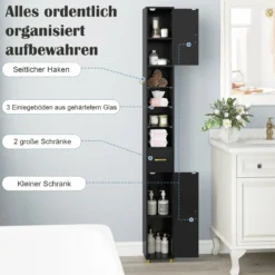 Schmaler Badezimmerschrank mit Beleuchtung & Schublade & 3 Glasablagen Badschrank Schwarz