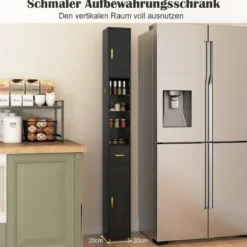 Schmaler Badezimmerschrank mit Beleuchtung & Schublade & 3 Glasablagen Badschrank Schwarz